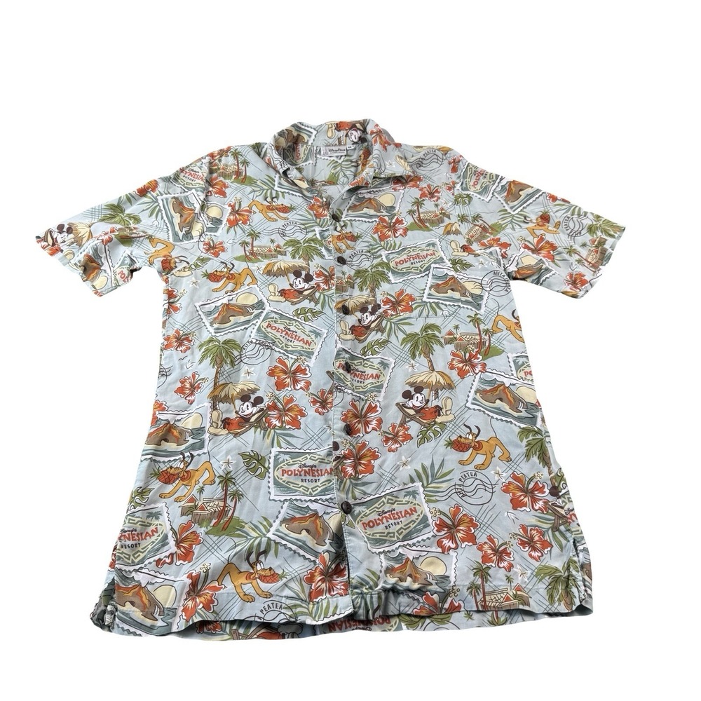 Disney Parks Blue VTG Rayon Polynesian Resort Hawaiian Shirt Size Medium